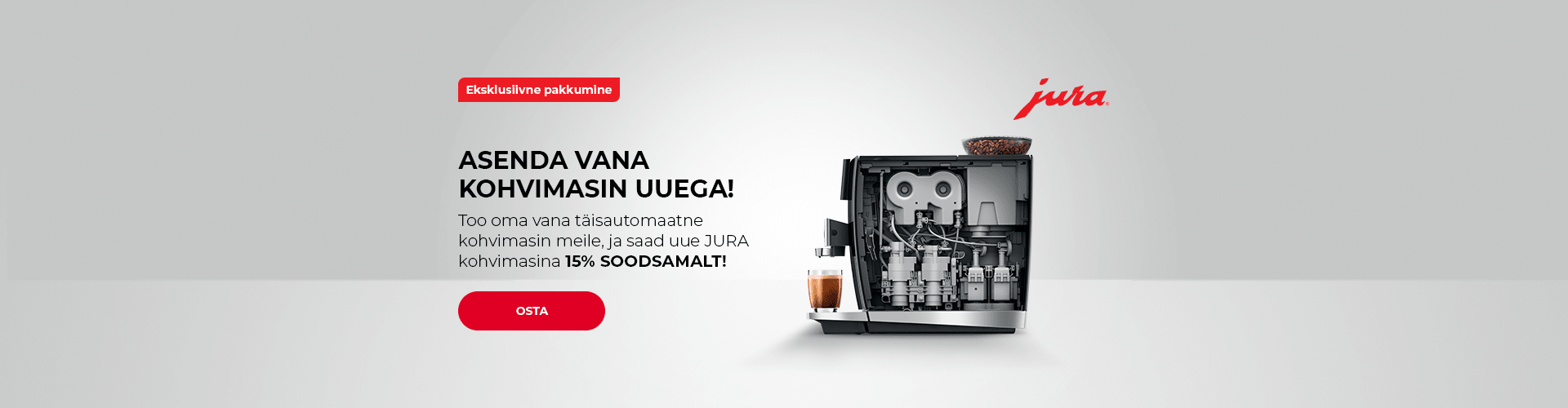 Too oma vana täisautomaatne kohvimasin meile, ja saad uue JURA kohvimasina 15% SOODSAMALT!
